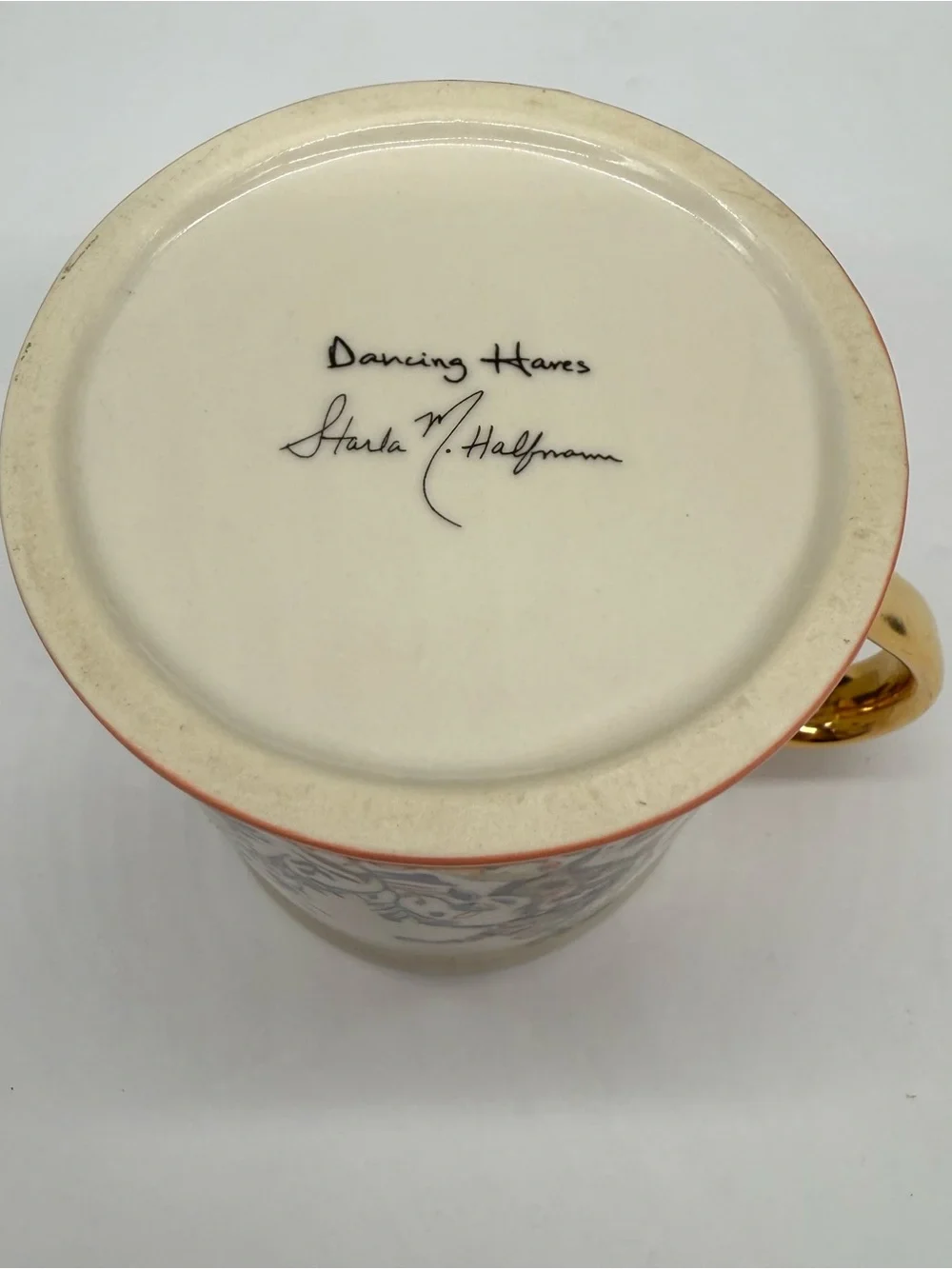 Anthropologie Dancing Hares Starla Halfmann Coral Gold Floral Bunny 14oz Mug Cup